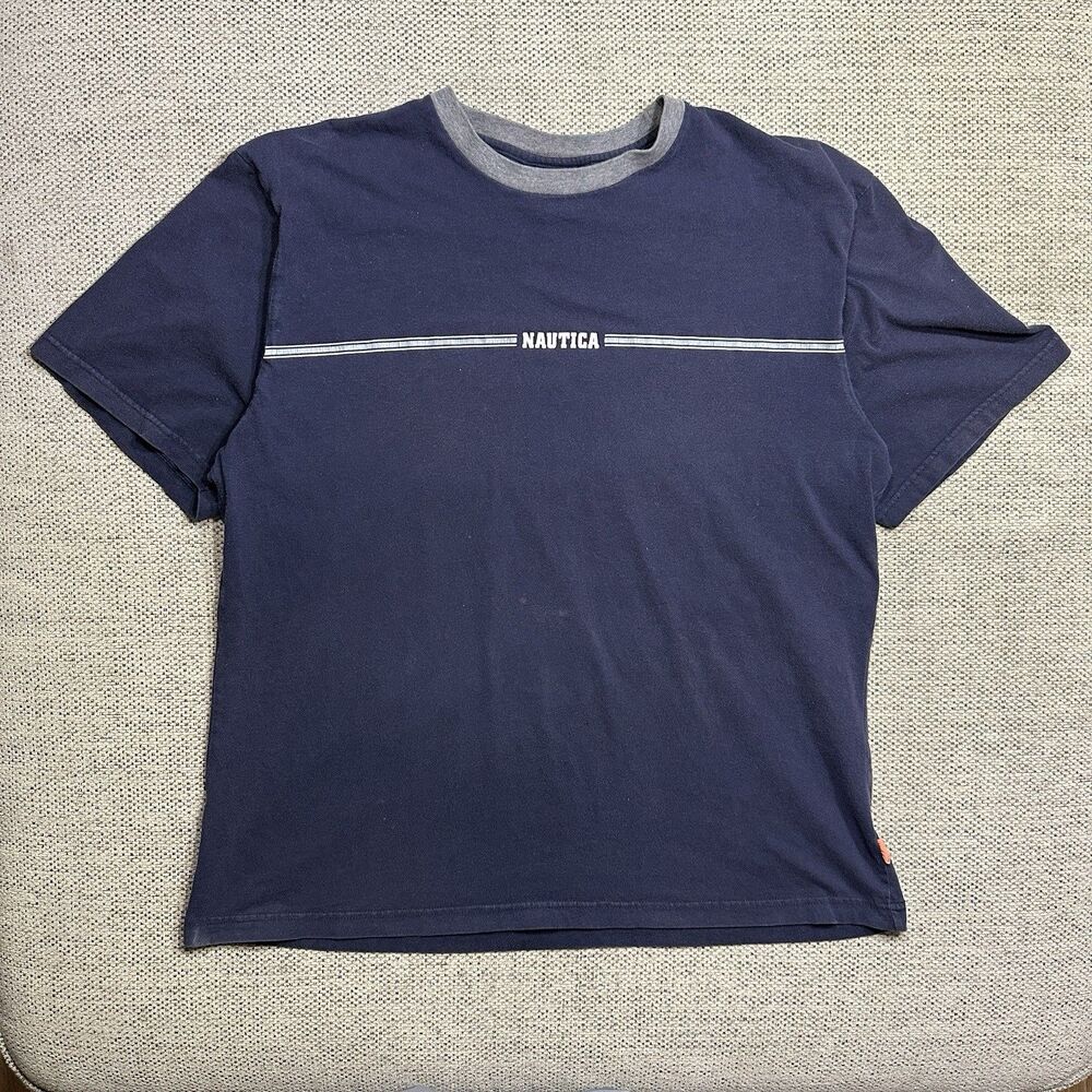 Vintage 00’s Nautical T Shirt Extra Large Navy Blue Stripe Wrap Around T Shirt